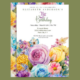Convite Pretty Watercolor Spring Floral 21st Birthday