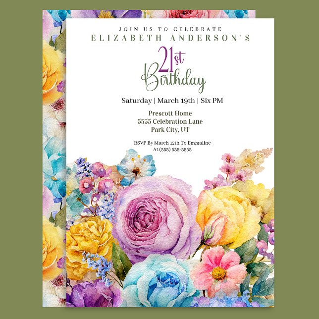 Convite Pretty Watercolor Spring Floral 21st Birthday (Criador carregado)