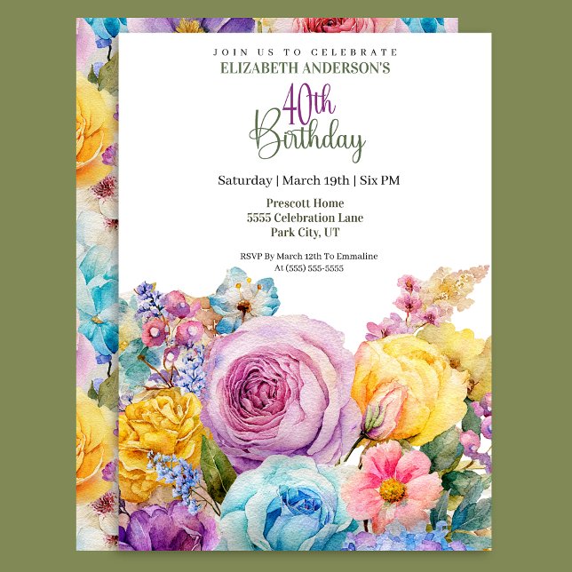 Convite Pretty Watercolor Spring Floral 40th Birthday (Criador carregado)