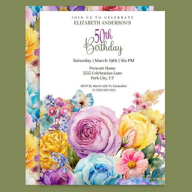 Convite Pretty Watercolor Spring Floral 50th Birthday (Criador carregado)