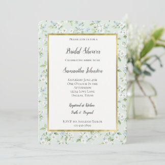 Convite Pretty White Mint Light Blue Floral Bridal Shower 