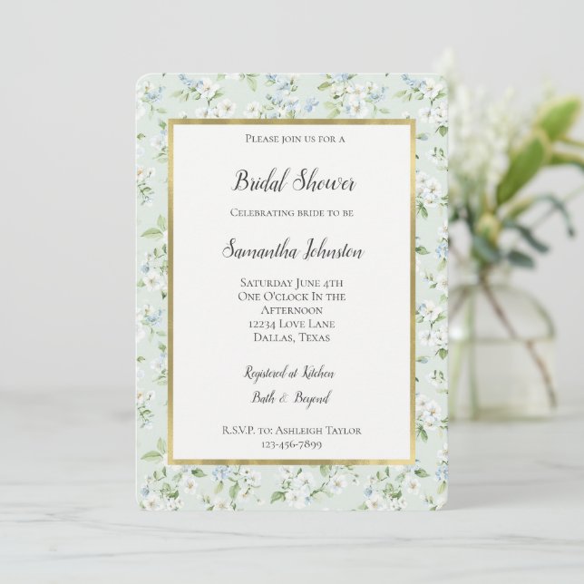 Convite Pretty White Mint Light Blue Floral Bridal Shower  (Em pé/Frente)