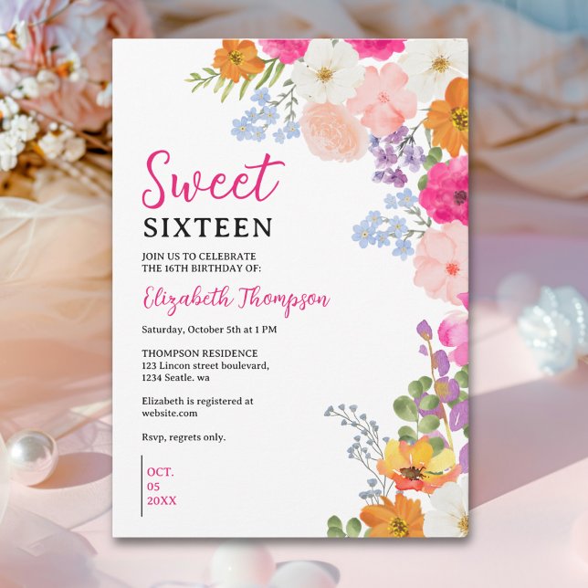 Convite Pretty Wildflowers Sweet Sixteen (Criador carregado)
