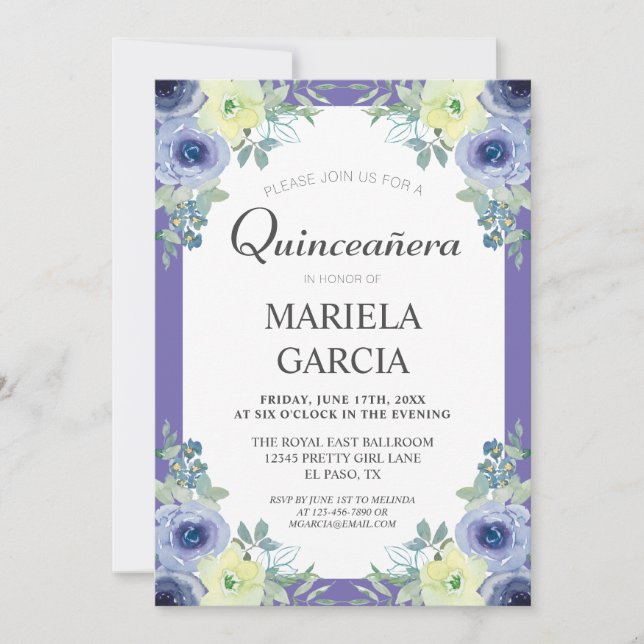 Convite Pretty Yellow Purple Floral Quinceañera Birthday   (Frente)
