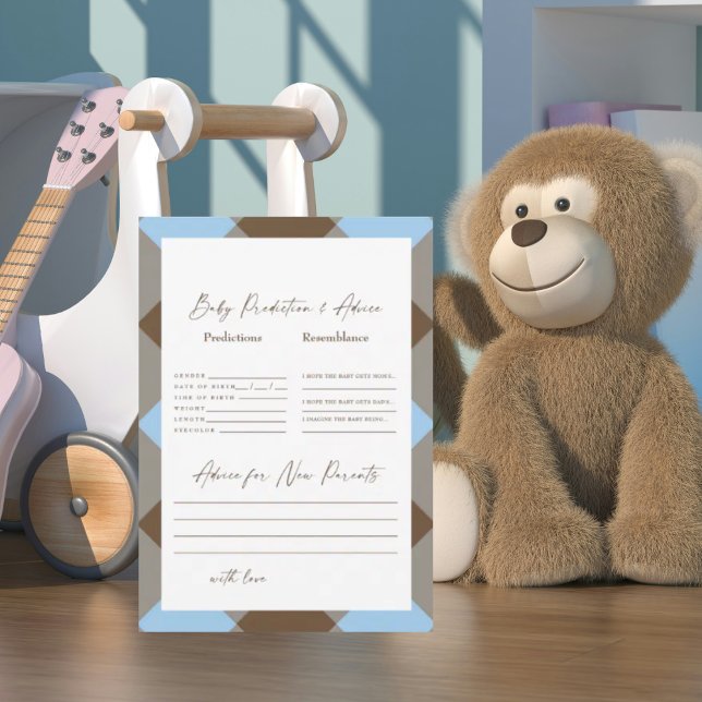 Convite Previsões de Bebê de Banho Azul e Marrom Gingham  (Criador carregado)