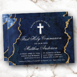 Convite Prima Comunhão de Geodo Marble Dourado Azul