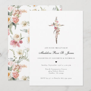 Convite Primavera Blooms   Floral Cross Baptism