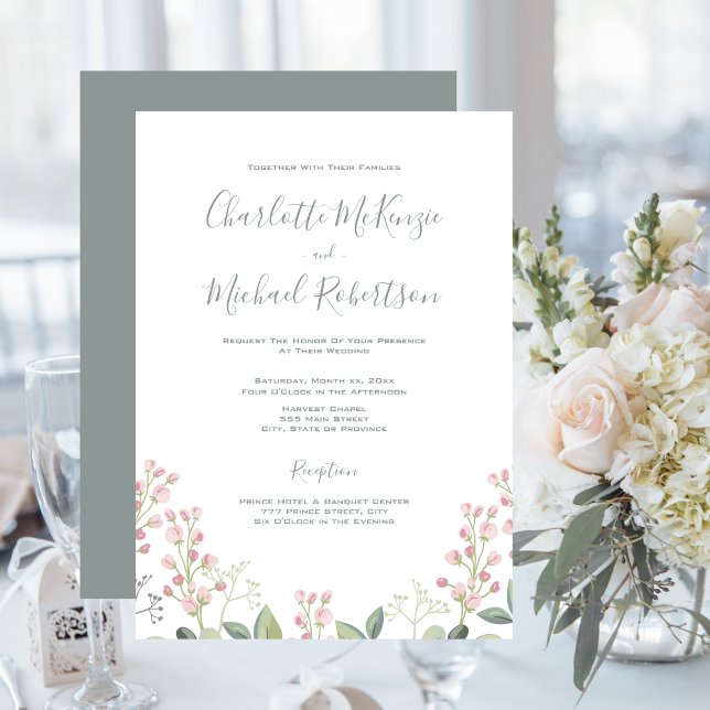 Convite Primavera Blossoms Casamento Verde de Casa Verde d (Spring Blossoms, Pink Blush, Mint Green, Wedding Invitation)