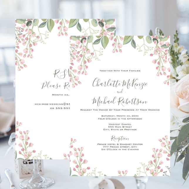 Convite Primavera Blossoms Cor-de-rosa com Casamento RSVP (Spring Blossoms Pink Floral Mint Green Wedding Invitation)