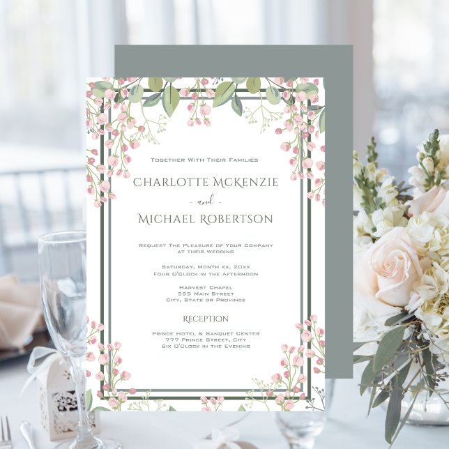 Convite Primavera Blossoms Rosa com Casamento RSVP (Spring Blossoms, Pink Blush, Mint Green, Wedding Invitation)