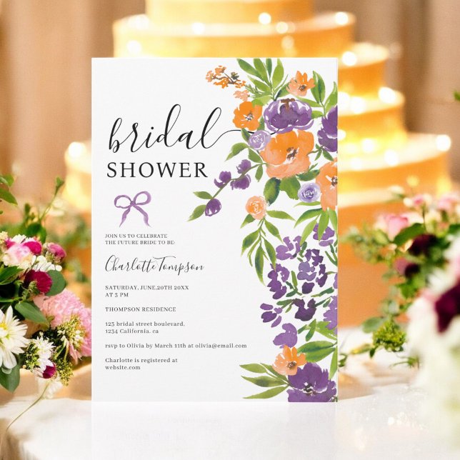 Convite Primavera Boho chá de panela Floral Laranja Roxo (Spring Boho Purple Orange Floral bridal shower Invitation)