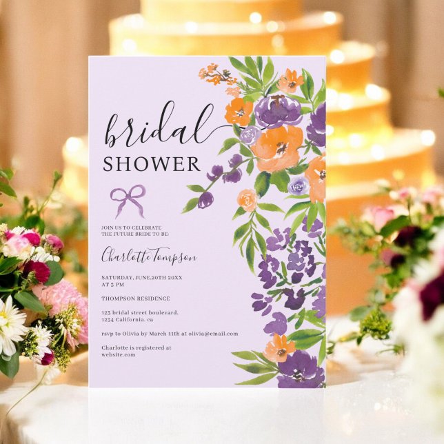 Convite Primavera Boho Lavanda chá de panela Floral Laranj (Spring Boho Lavender Orange Floral bridal shower Invitation)