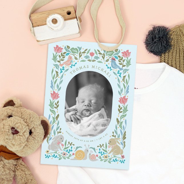 Convite Primavera Bunnies Birds Snail Blue Foto Nascimento (Criador carregado)