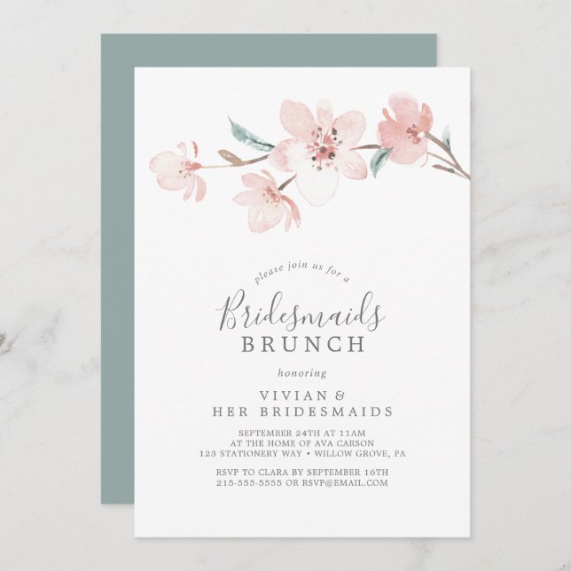 Convite Primavera Cherry Blossom Bridesmaids Brunch (Frente/Verso)