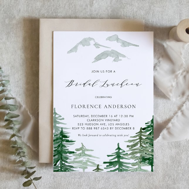Convite Primavera de Aquarela Verde Lunchedo Bridal (A customizable woodland bridal luncheon invitation featuring watercolor forest scenery.)