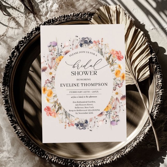 Convite Primavera de aquarelas corante coroa estria (Watercolor spring colorful wildflowers wreath invitation)