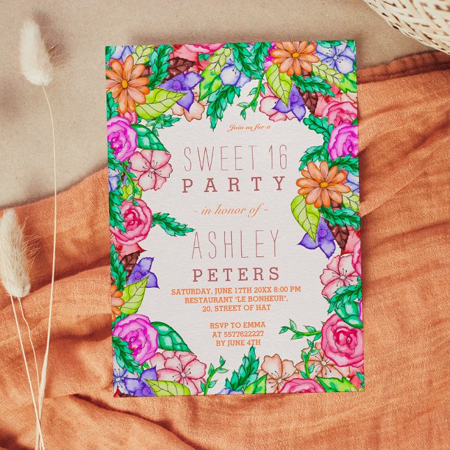 Convite Primavera de aquarelas pintadas manualmente cor fl (Spring watercolor floral hand painted Sweet 16 Invitation)