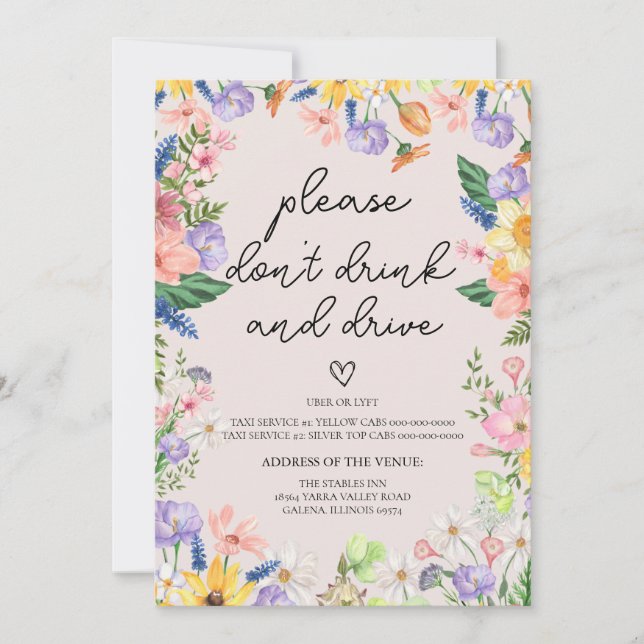 Convite Primavera de Flor Selvagem Não Beba e Dirigir Cart (Frente)