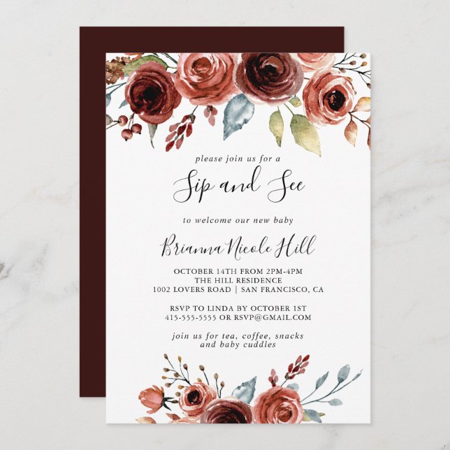 Convite Primavera Elegante Sip Floral e veja (Frente/Verso)