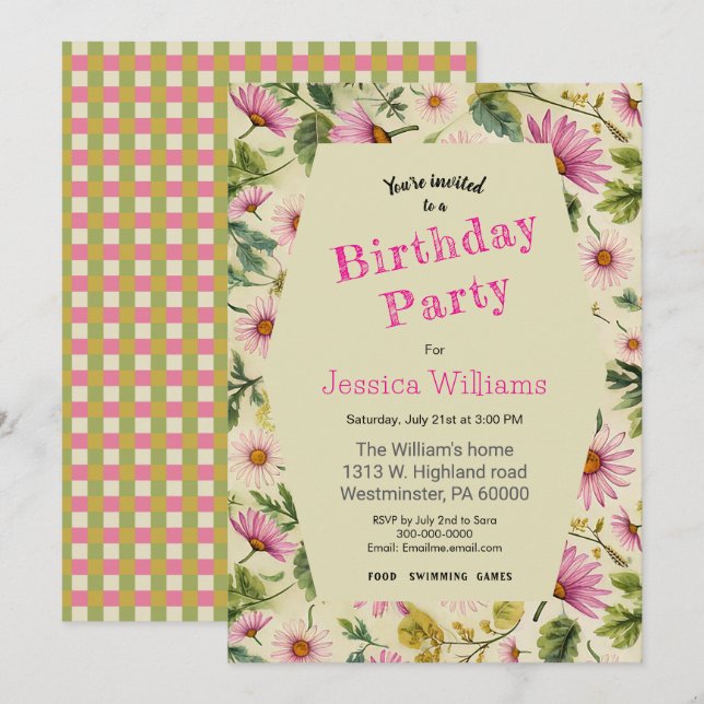 Convite Primavera Floral Birthday (Frente/Verso)