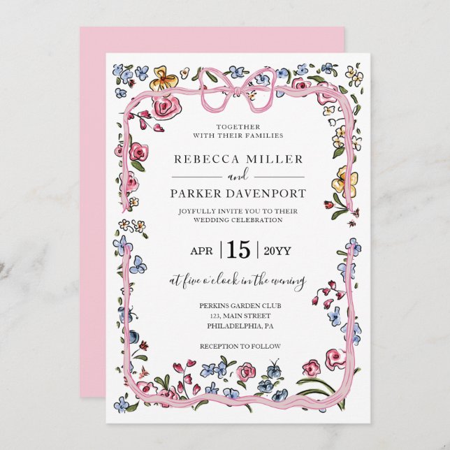 Convite Primavera floral brilhante elegante de Casamento (Frente/Verso)