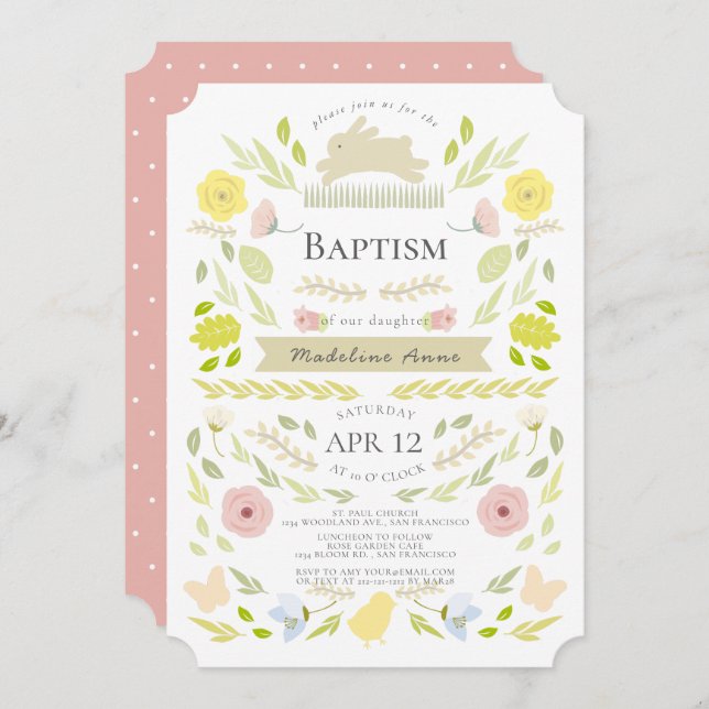 Convite Primavera Floral Bunny Pink Baptism (Frente/Verso)