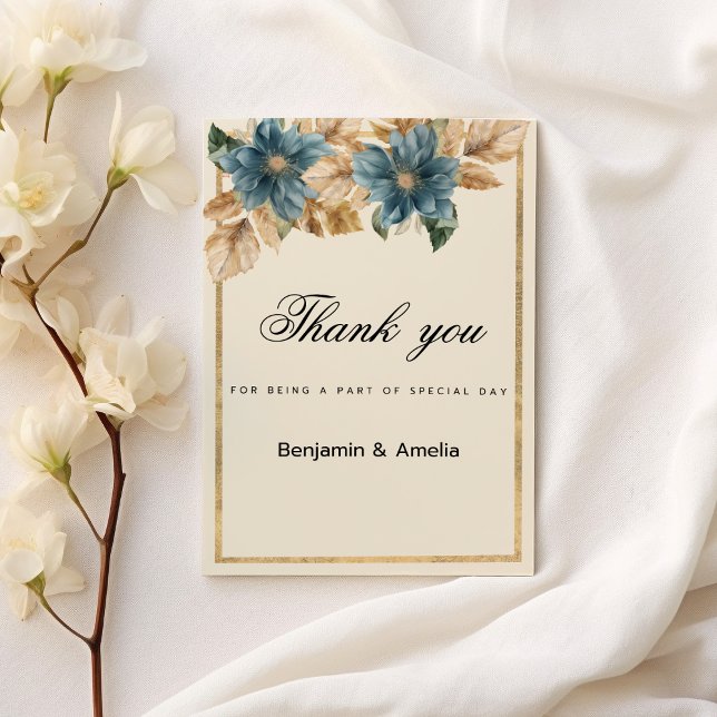 Convite Primavera floral de ouro marfim azul Obrigado (Blue ivory gold fall spring floral Thank You)