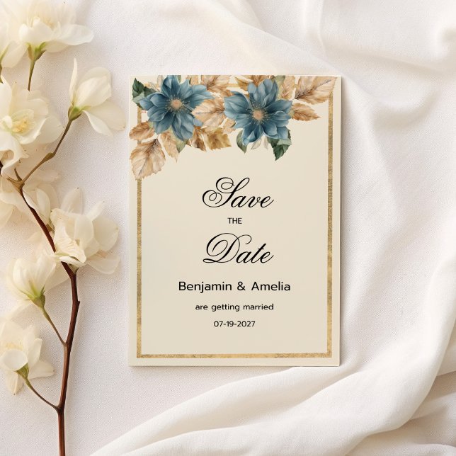 Convite Primavera floral de ouro marfim azul Salve a data (Blue ivory gold fall spring floral Save the Date)