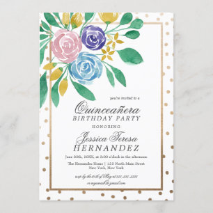 Convite Primavera Floral Dourada Confetti Watercolor Quinc