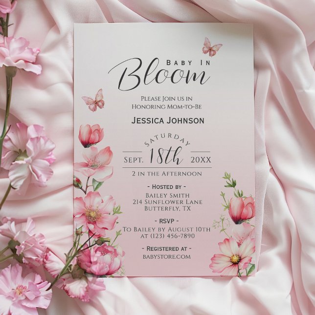 Convite Primavera Floral Pink Baby in Bloom Girl Chá de fr (Pink Baby in Bloom Floral Butterfly Baby Shower Invitation)