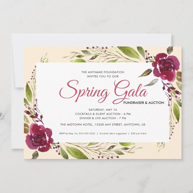 Convite Primavera Gala Fundraiser Watercolor Floral (Frente)
