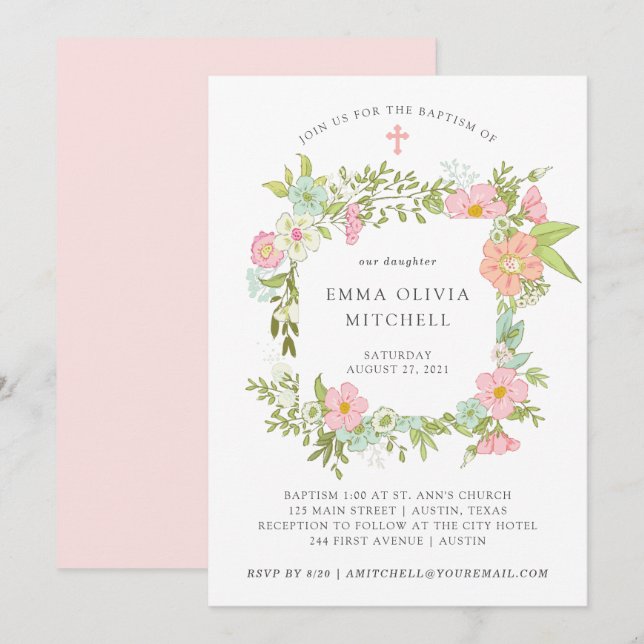 Convite Primavera Garden | Batismo Floral (Frente/Verso)