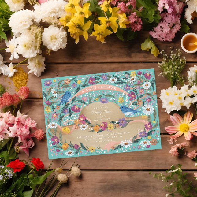 Convite Primavera Garden Flowers Sun Hat Chá de fraldas Az (Criador carregado)