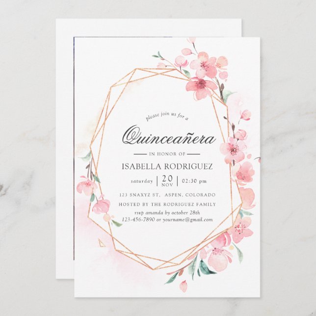 Convite Primavera Geométrico de Cerejeira Rosa Quinceañera (Frente/Verso)