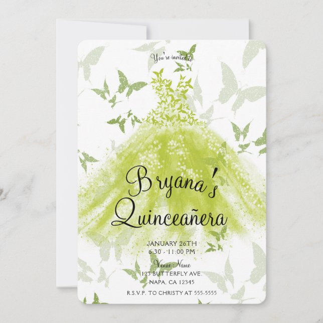 Convite Primavera Green Butterfly Dance Dance Quinceañera (Frente)