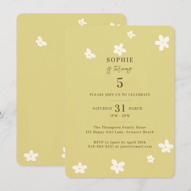 Convite Primavera Green White Daisiers Festa de aniversári (Frente/Verso)