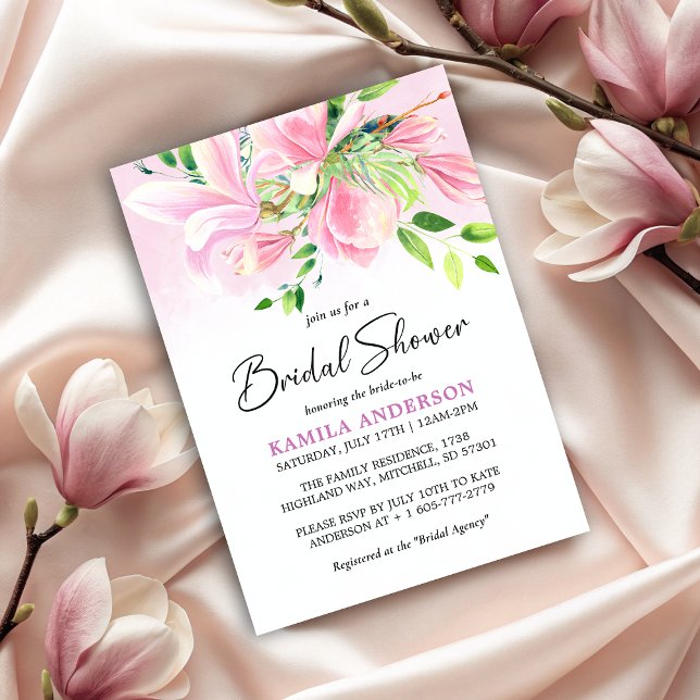 Convite Primavera Magnolia Chá de panela de Aquarela (Spring Magnolia Watercolor Bridal Shower Invitation)