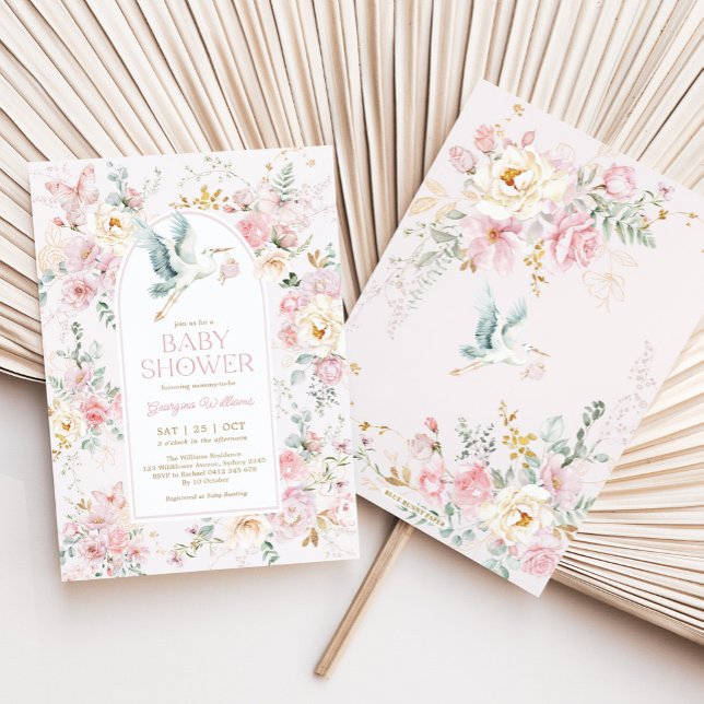 Convite Primavera Pastel Pink Storey Chá de fraldas de flo (Criador carregado)