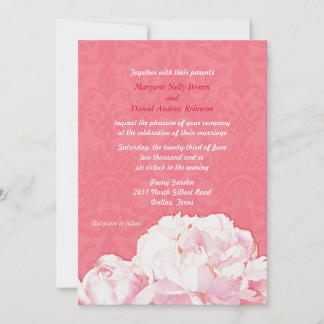 Convite Primavera Peony Blooms Coral Pink Casamento (Frente)