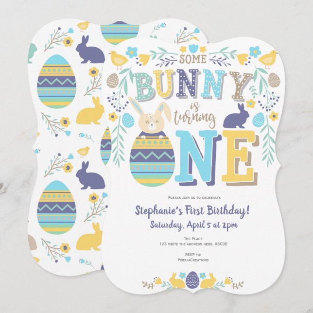 Convite Primavera, primeiro aniversario, Páscoa, coelho (Frente/Verso)