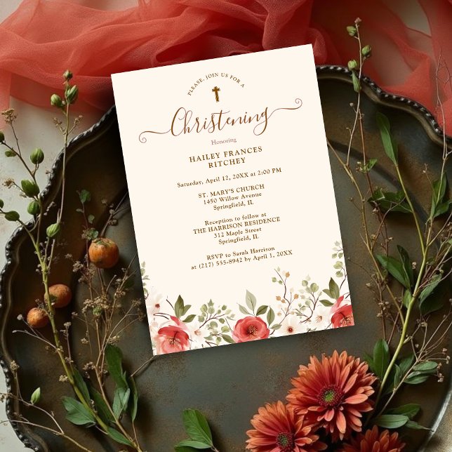 Convite Primavera Romântica Rosas e Flores Batismo (Romantic Spring Roses and Flowers Baptism Invitation Card Design.)