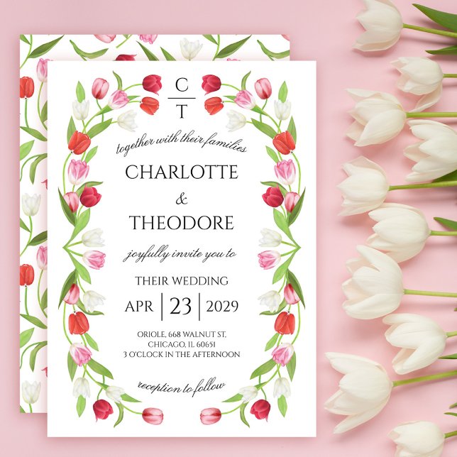 Convite Primavera romântico Tulip Floral Rosa e Casamento  (Romantic Spring Tulip Floral Pink & White Wedding Invitation)