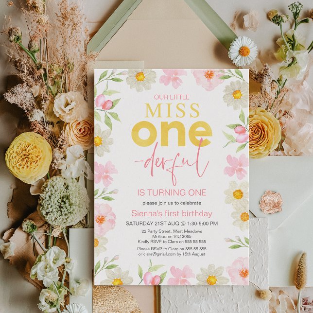 Convite Primavera Rosa Floral Miss primeiro aniversario Ma (Floral Miss Onederful 1st Birthday Invitation Spring Summer Girls First Birthday Invitation Template)