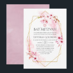 Convite Primavera Rosa Geométrico Blossom Mitzvah<br><div class="desc">Convite de morcego floral de cor d'água cor rosa com sakura florssom com quadro geométrico dourado personalizável para suas especificidades de evento.</div>