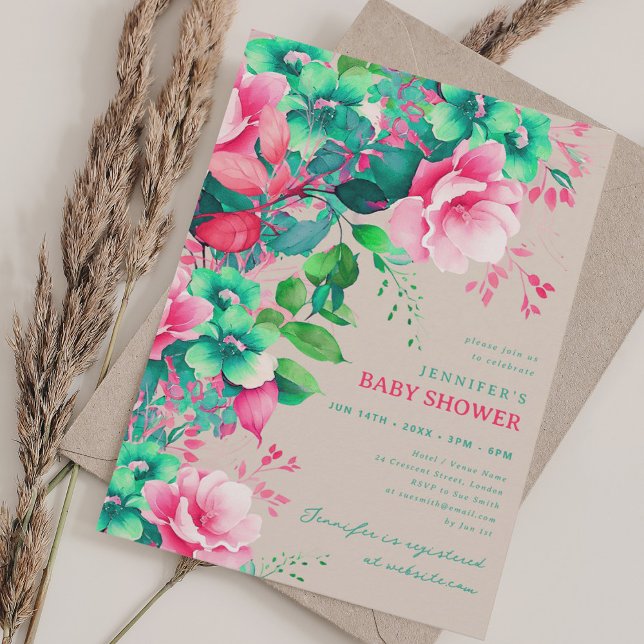 Convite Primavera Summer Garden Floral Chá de fraldas Cham (Spring Summer Garden Floral Baby Shower Champagne Invitation)