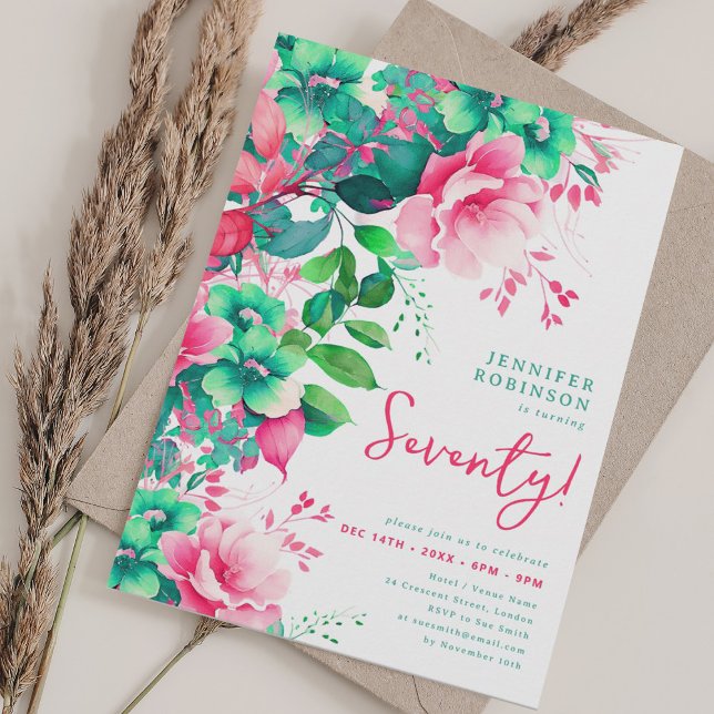 Convite Primavera Summer Watercolor Floral 70 Birday (Spring Summer Watercolor Floral 70th Birthday Invitation)