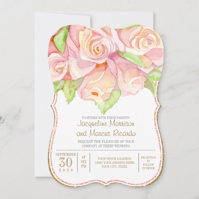 Convite Primavera Summer Wedding Watercolor Rose Bouquet (Frente)