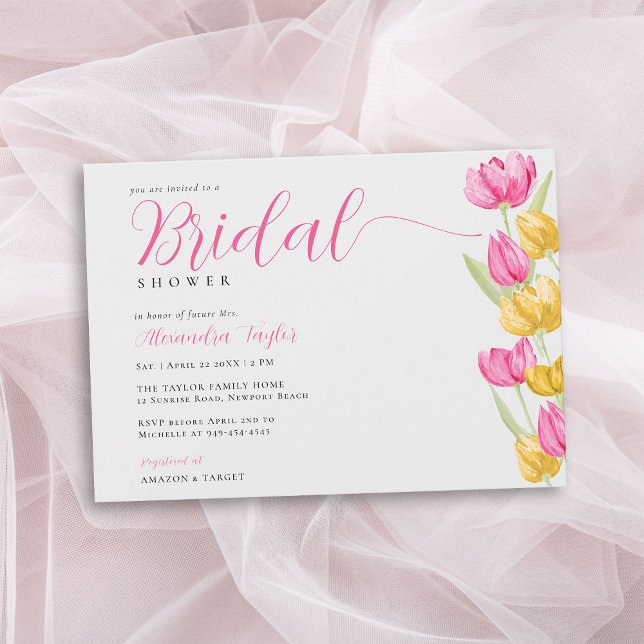 Convite Primavera Tulipas Boho Chá de panela Rosa Quente (spring bridal shower invitation tulips hot pink yellow watercolor boho chic calligraphy pretty)