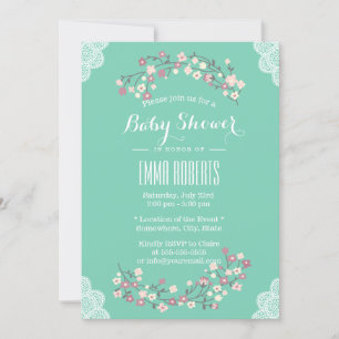 Convite Primavera Verde Floral & Lace Baby Shower Invasore