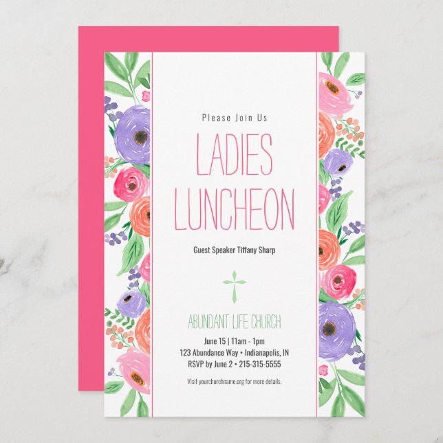 Convite Primavera Watercolor Floral Ladies Church Luncheon (Frente/Verso)
